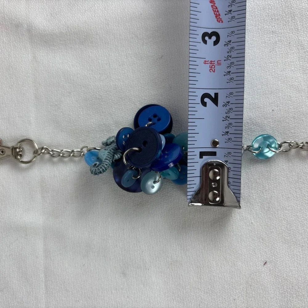 Handmade Blue Button Cluster Bag Charm Seahorse Nautical Keychain Silver‎ Tone